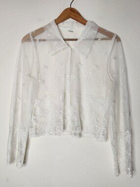 Via 101 Lace Collared Embellished Long Sleeve Button Down Bow Print Top Crop